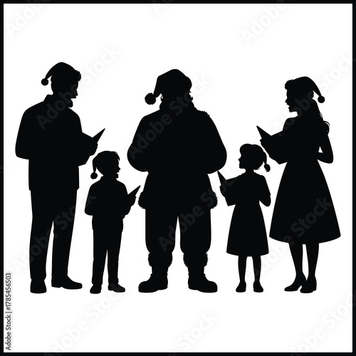 Santa Claus and a family of four standing together and singing Christmas carols