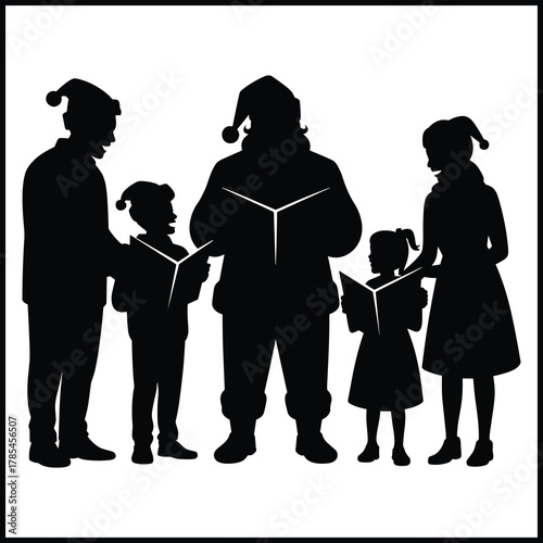 Santa Claus and a family of four standing together and singing Christmas carols