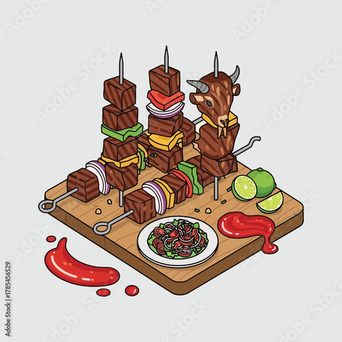 Isometric Illustration of Beef Kebabs with Vegetables and Sauces on a Wooden Board.