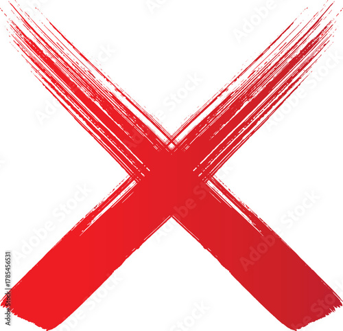 Bold red cross mark painted with a brush on a white background