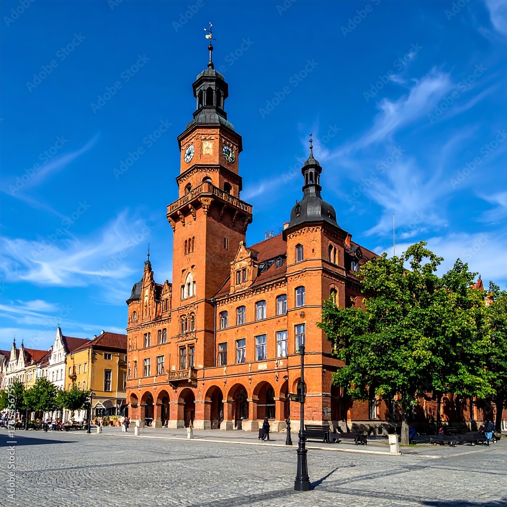 Obraz premium A tall, brick-built building with clock tower and multiple stories, located in a plaza under a blue sky, with trees in front