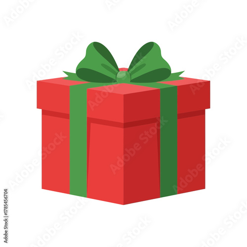 A beautifully wrapped red gift box with a lush green ribbon and bow. This festive present is a symbol of surprise and celebration, perfect for Christmas or holiday occasions