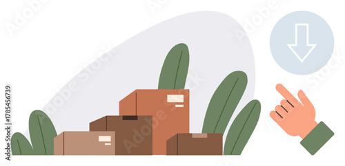 Stacked cardboard boxes surrounded by green leaves next to a hand clicking a download button. Ideal for logistics, online shopping, shipment tracking, warehousing, ecommerce, delivery services
