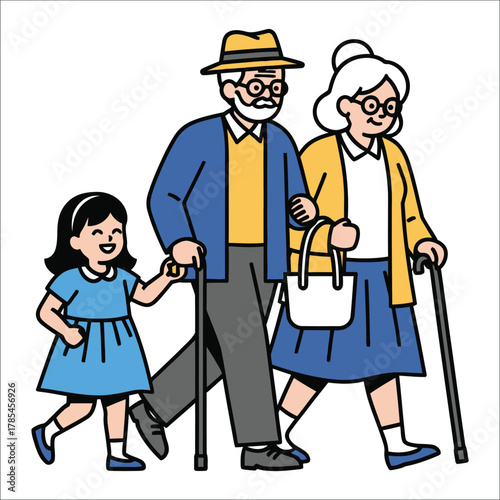 Grandparents and granddaughter walking with canes and a handbag Keywords: family, grandparents