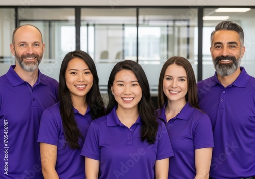 Diverse team of professionals wearing matching purple polo shirts
