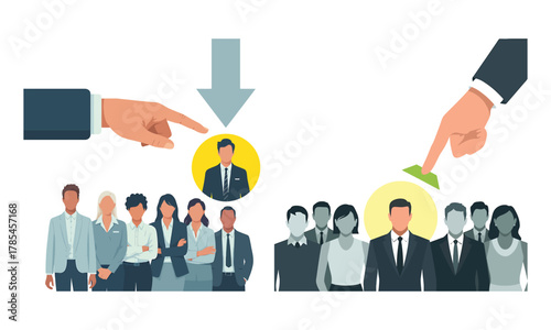 Choosing the right talent for job: hand pointing to selected business professional