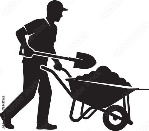 Construction worker with shovel and wheelbarrow silhouette
