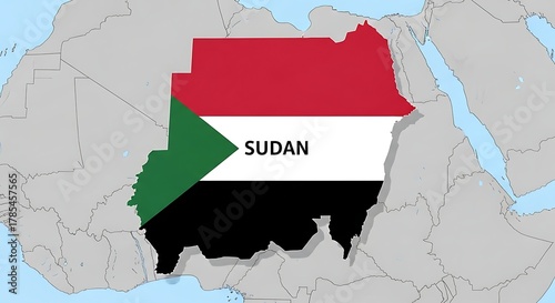 map of africa highlighting sudan with national flag colors and country name, geographic and political concept.