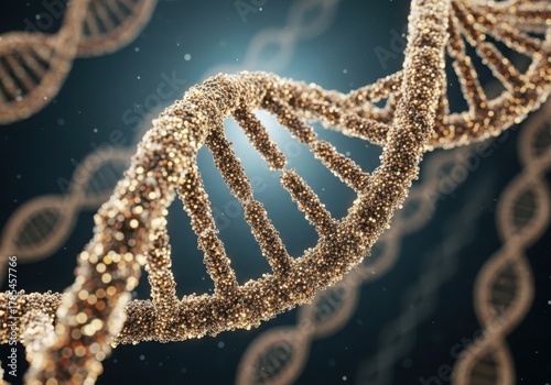 Close up of a glowing double helix dna strand with blurred background