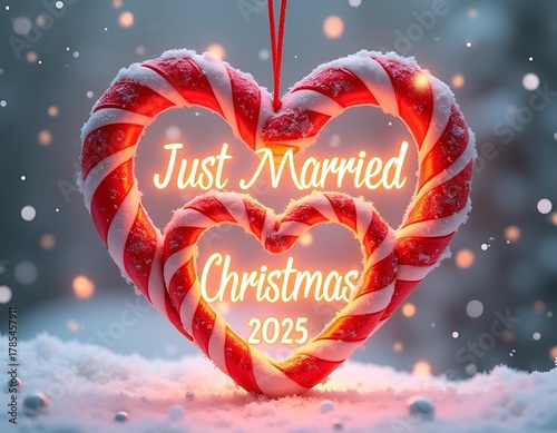 Sweet just married christmas 2025 candy cane hearts in snowy setting