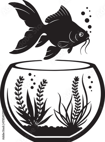 Goldfish leaping out of fishbowl silhouette