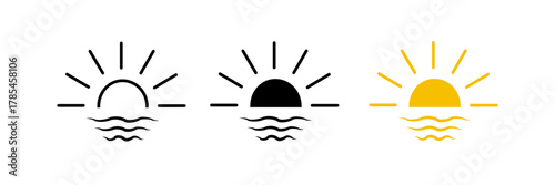 Set of minimalist sunrise and sunset icons with transparent background, depicting dawn and dusk symbols, ideal for travel apps, weather forecasts, and user interfaces, vector illustration