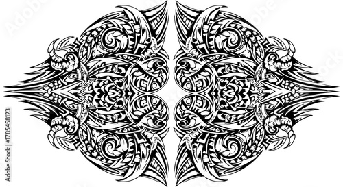 Intricate Black and White Tribal Dragon Tattoo Design with Decorative Swirls and Abstract Elements