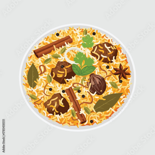 Top down vector illustration of a delicious bowl of Indian mutton biryani.