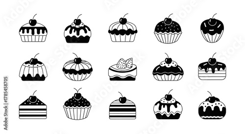 delicious collection of monochrome dessert illustrations with cherry accents