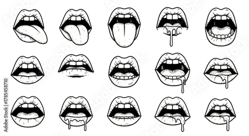 Set of human mouth sketches with various expressions and styles for design