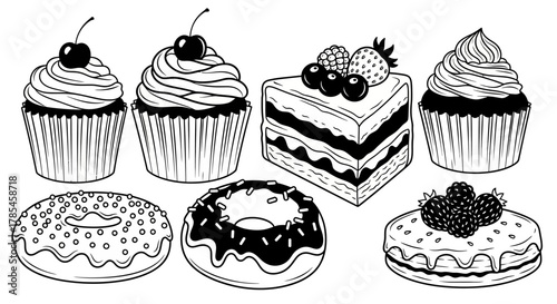 a collection of outline drawings showcasing various decorated baked goods