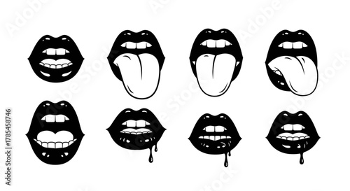 dynamic lip expressions in black and white silhouette vector set