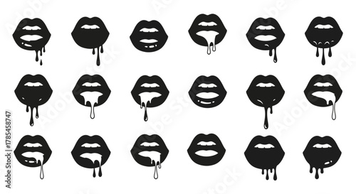 Creative pattern of dripping lips in bold black and white design