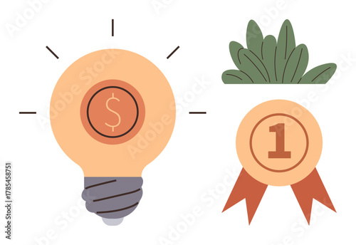 Large glowing light bulb with dollar sign, plant leaf decoration, and number-one ribbon badge. Ideal for innovation, finance, sustainability, success, creativity leadership motivation. Simple flat