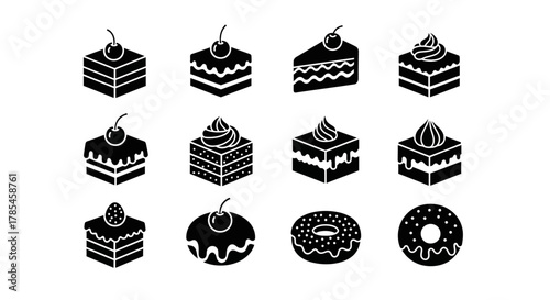 Minimalist black and white icons of delectable cakes and donuts