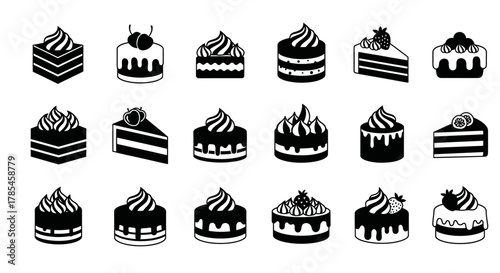 a diverse collection of abstract cake icons with frosting and fruit toppings