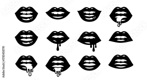 A collection of twelve stylized lips dripping liquid in black and white hues