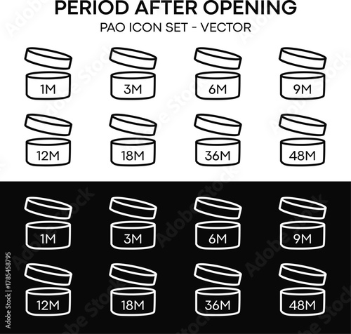 Period After opening use icons. PAO icons Expiration date 1-36 months of product signs symbols. Shelf life of grocery item. Design elements. Vector Illustration.