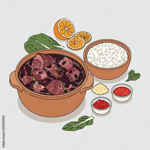 Traditional Brazilian Feijoada meal with rice and orange slices.