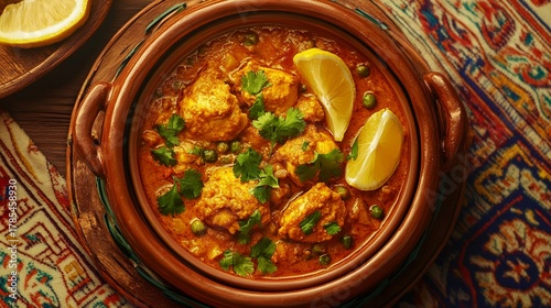 Spicy chicken karahi cooked in tomato and ginger gravy, served in a traditional wok with coriander garnish and lemon wedges.