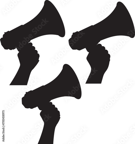 Three hands holding megaphones silhouette