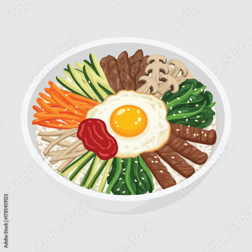 Traditional Korean Bibimbap dish with colorful fresh ingredients and fried egg.