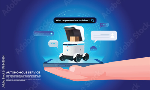 Fast and reliable delivery service template powered by AI-driven virtual assistant. This futuristic chatbot for smartphones streamlines orders, tracks your food or products in real time. Tech concept