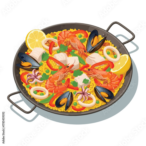 Traditional Spanish seafood paella in a pan illustration.