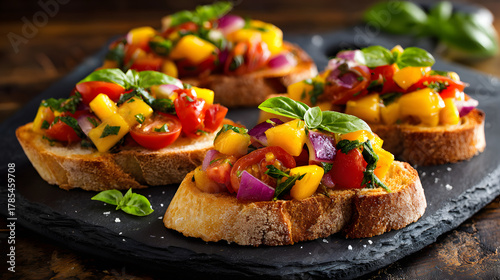 Colorful Bruschetta on Slate Board