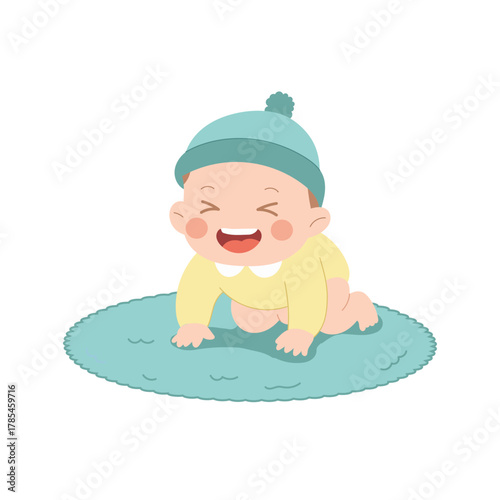 Adorable baby vector illustration crawling on floor wearing hat and smiling infant character for nursery design newborn concept and childcare theme