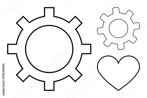 Two gear mechanisms and a heart outline convey teamwork, innovation, love for work, and efficiency. Ideal for collaboration, industry, engineering, productivity, synergy creativity simple flat
