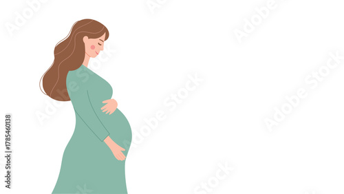 Beautiful pregnant woman vector illustration expecting mother touching belly maternity design for pregnancy healthcare motherhood and family concept isolated on white background