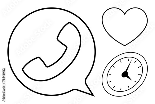 Phone inside speech bubble, heart, and clock represent communication, time, connection, and care. Ideal for customer service, relationships time management support and engagement. Simple flat