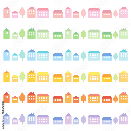 カラフルな家が並んだ街並みライン素材セット