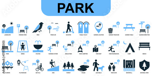 Set park icon vector. Collection representing outdoor recreation, nature, and public leisure areas. Great for urban planning, city maps, or travel application design interfaces.