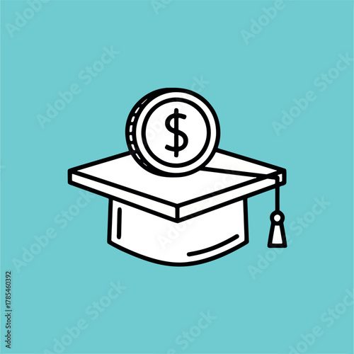 A white outline illustration of a graduation cap with a dollar coin on top, symbolizing education costs and financial aid.