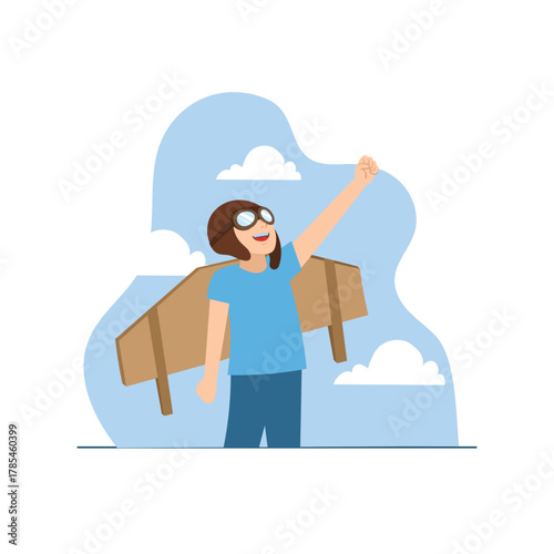 Cheerful traveler woman vector illustration with cardboard airplane wings dreaming of flying travel freedom and adventure concept isolated on blue background