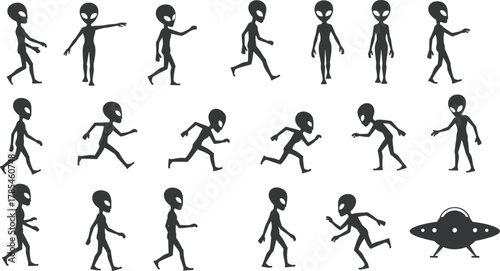 WebAlien silhouette illustration, extraterrestrial character vector, UFO flying saucer art, space creature design, black and white figure, sci-fi themed graphic