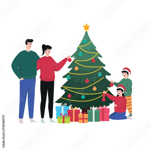 Family decorating Christmas tree together with ornaments and colorful gifts at home creating cheerful winter holiday atmosphere and joyful festive season moments