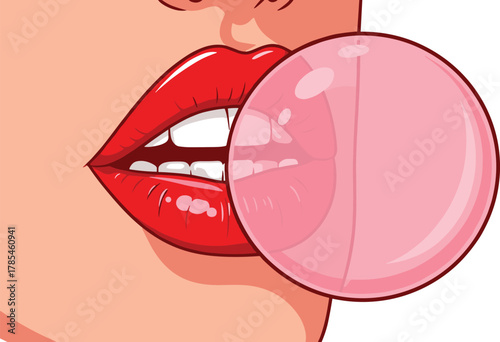 Bubble gum blowing, cartoon mouth, red lips, pink bubble, glossy teeth, playful expression, close-up art, fun pop style