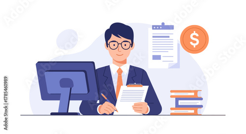 Professional man analyzing financial data with computer and documents