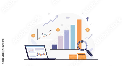Illustration showing business data analysis and financial growth on laptop
