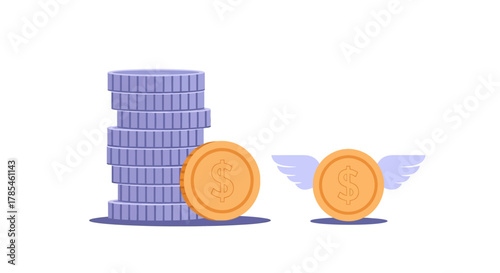 Illustration of coins with wings flying away from a stack of currency