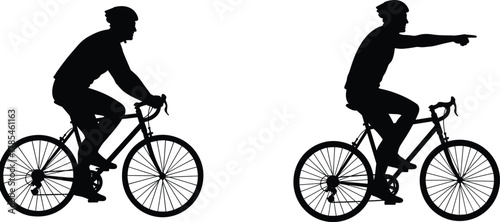 WebCycling silhouette, road bike riders, pointing gesture, bicycle safety, outdoor activity, sports posture, teamwork, navigation, fitness, black vector art